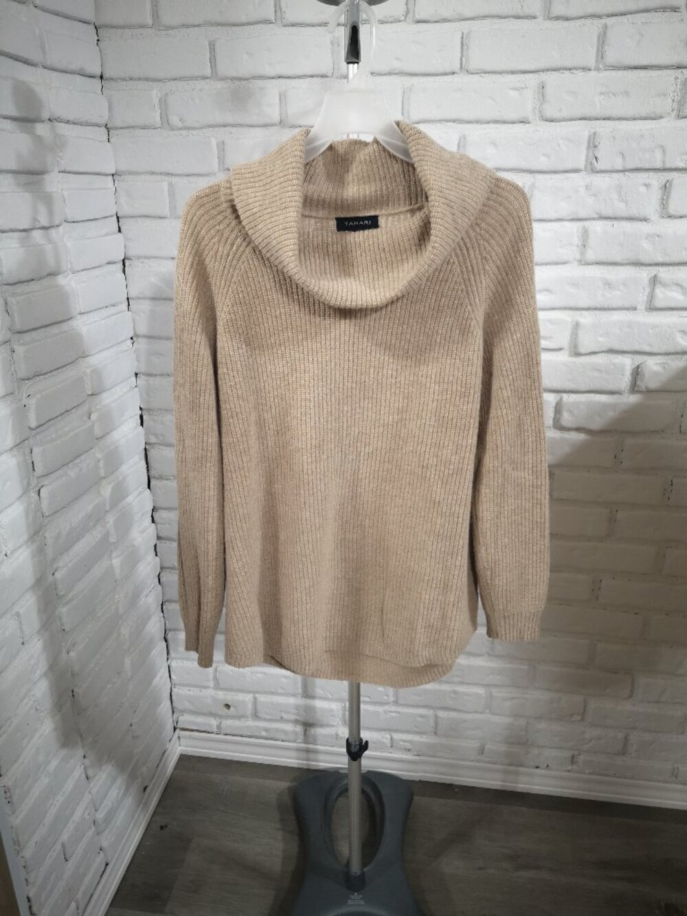 Tahari Ladies Size Medium Tan Merino Wool Blend Cowl Neck Sweater